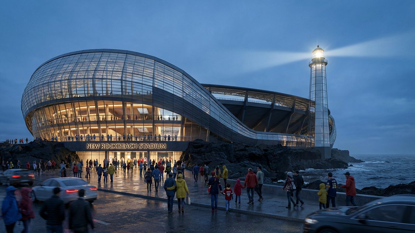 The New Rockbeach Stadium on the water, opening August 2028