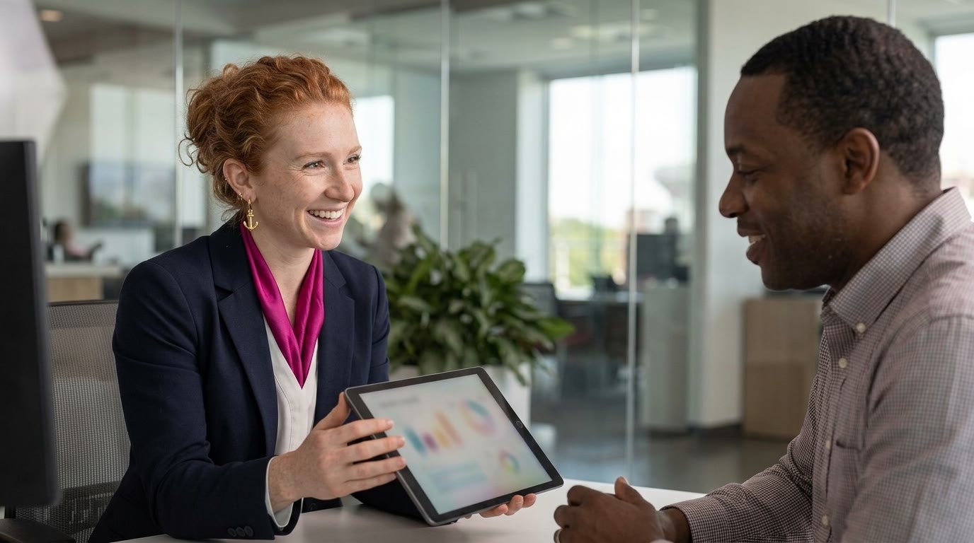 A personal banker meeting with a customer at a desk