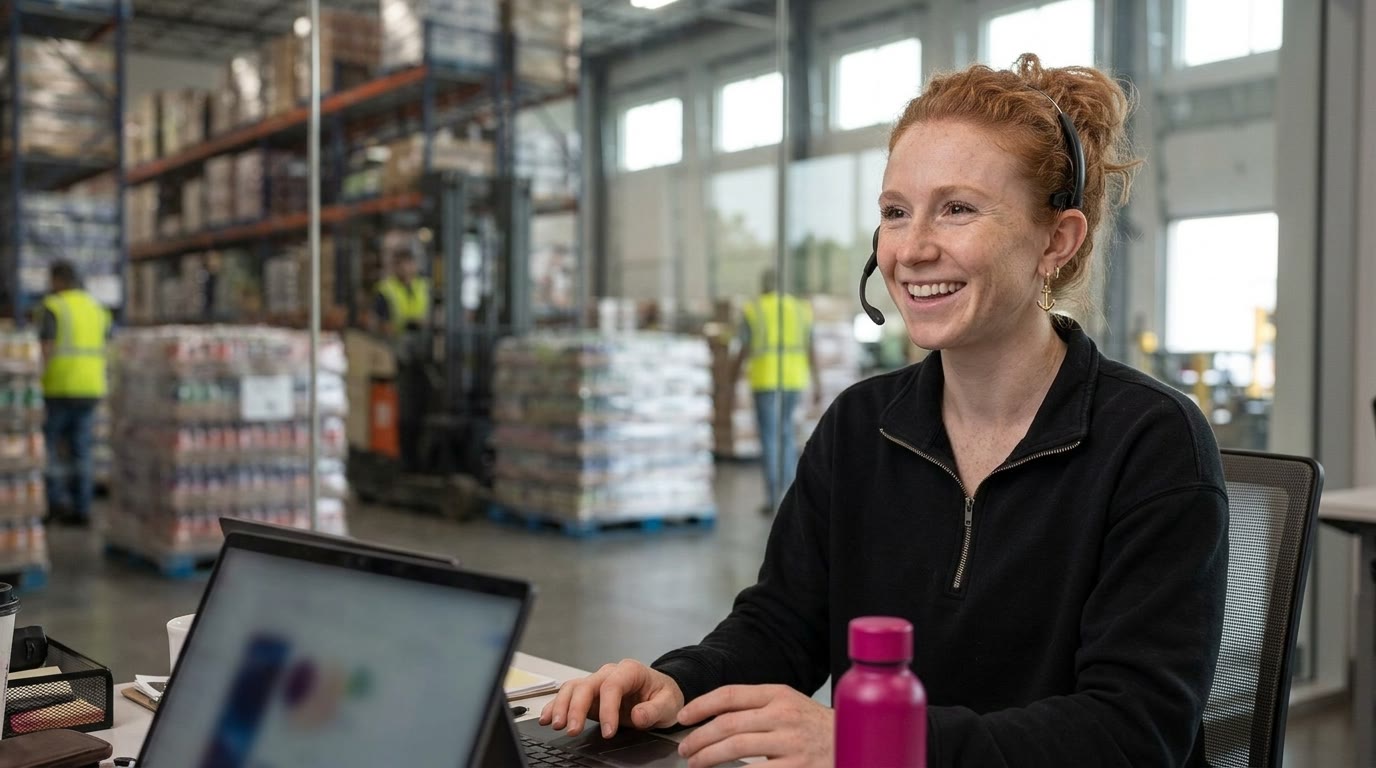 An inside sales rep on the phone in a distribution office