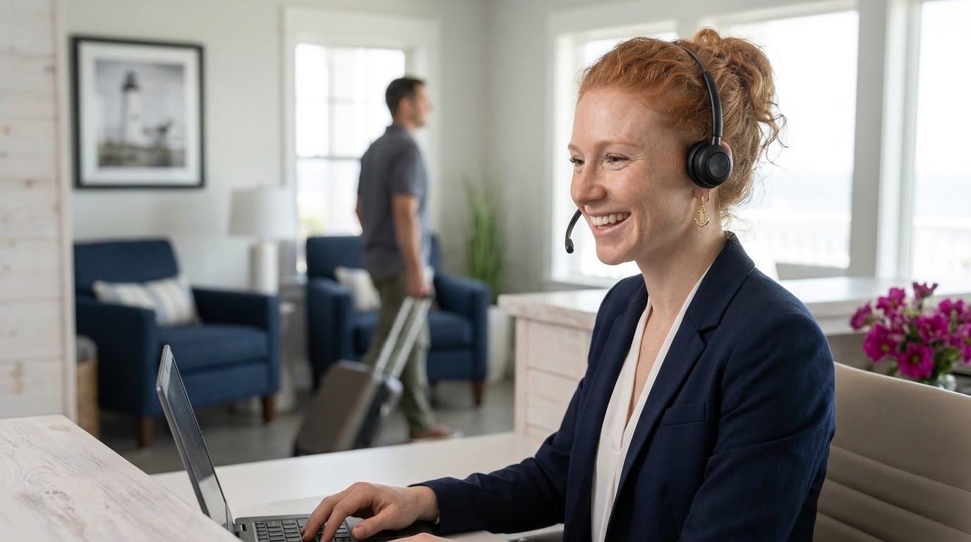 A hotel concierge on a call at the front desk