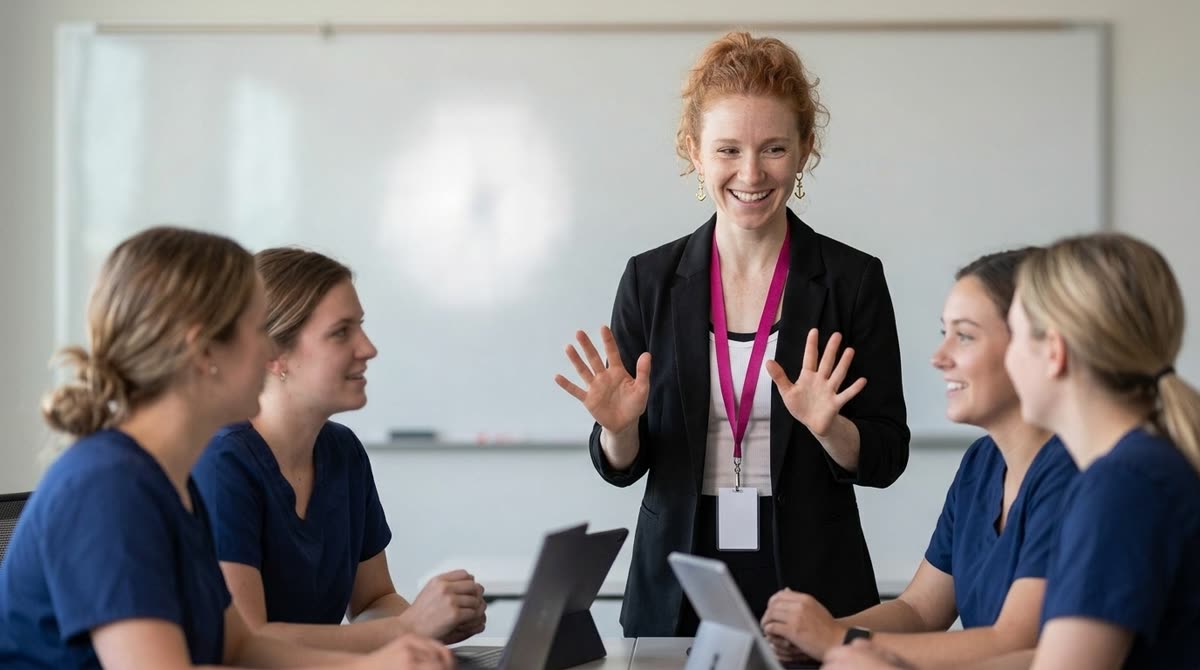 A nurse educator coaching a colleague at a workstation