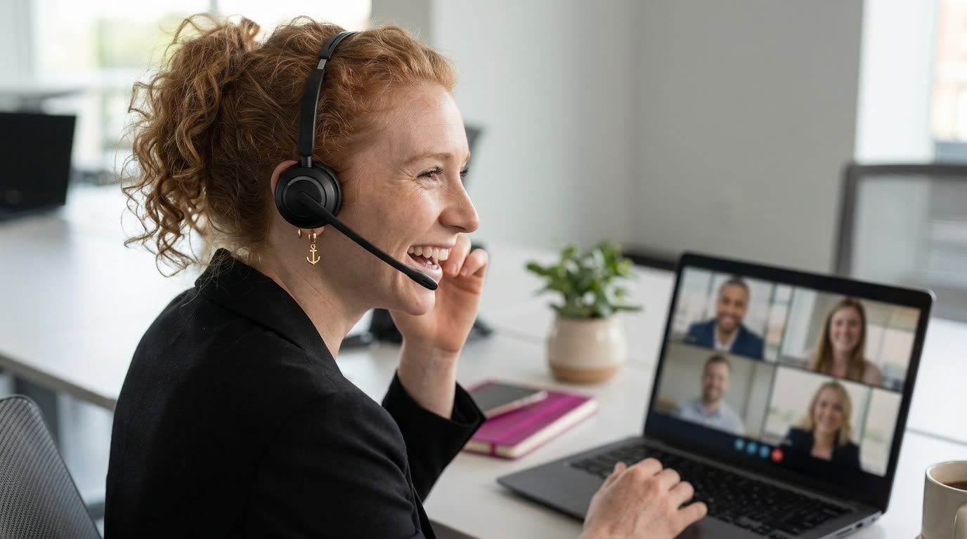 Melissa on a headset, welcoming a new team on a video call