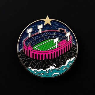 The Leaders Lead pin: an enamel stadium pin in pink and black